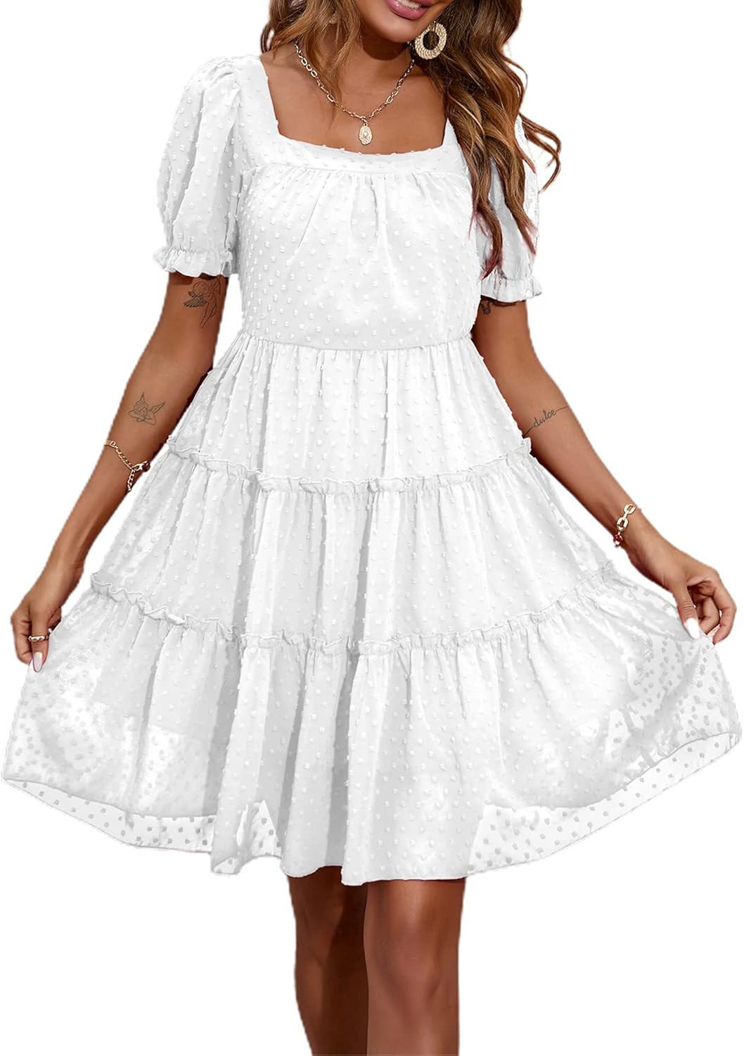 Fesier Women Swiss Dot Square Neck Flowy Mini Dress Short Sleeve High Waist Tunic Ruffle Tiered... | Amazon (US)