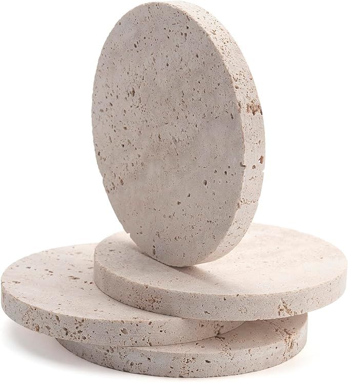 Travertine Stone Coasters for Drinks Round Set of 4 Modern Marble Coaster for Home Office | Amazon (US)