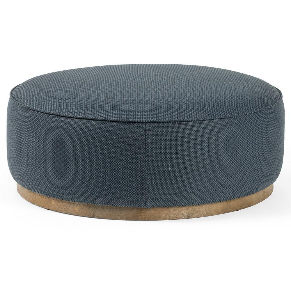 Leah Modern Classic Blue Faux Leather Brown Wood Round Ottoman - Large | Kathy Kuo Home