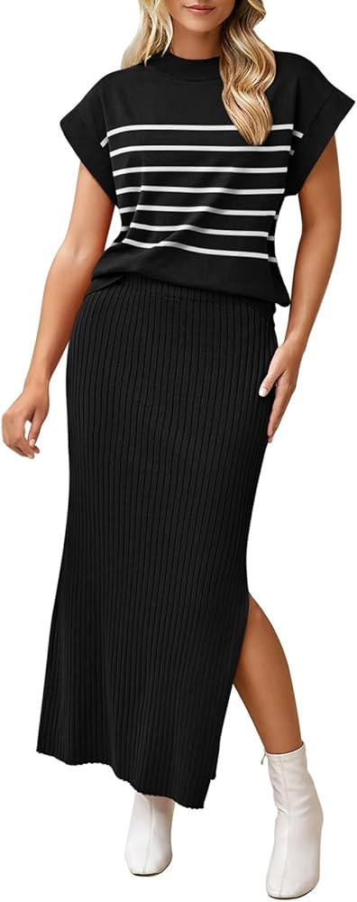 Pink Queen Women's 2 Piece Sweater Outfits Set Summer Cap Sleeve Tops Bodycon Maxi Long Skirt Kni... | Amazon (US)