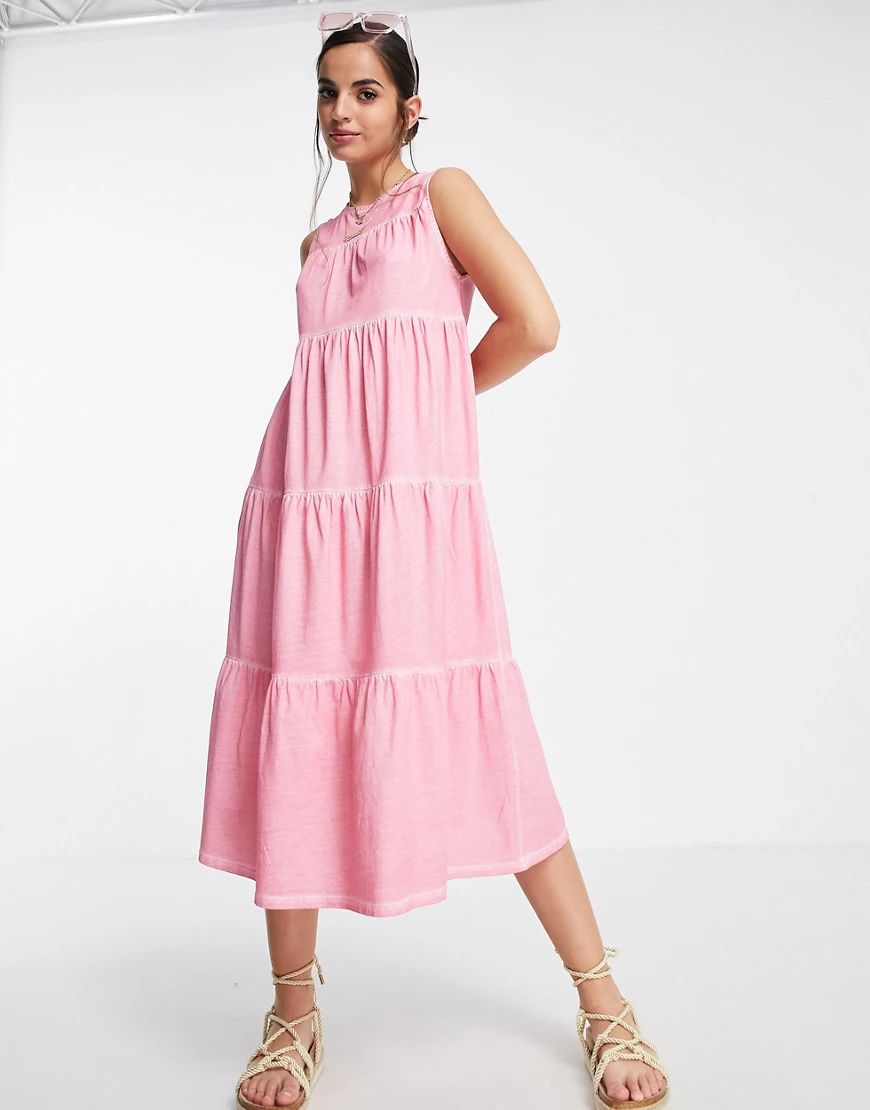 ASOS DESIGN sleeveless tiered midi smock dress in acid wash pink | ASOS (Global)