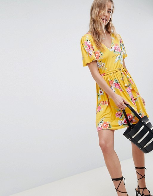 ASOS DESIGN v neck tea dress with belt in floral print | ASOS US