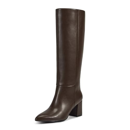 wetkiss Brown Knee High Boots for Women Pointed Toe Chunky Block Heel Boot with Side Zipper Dress Fashion Party Long Tall Boots (Brown Size9.5) | Amazon (US)