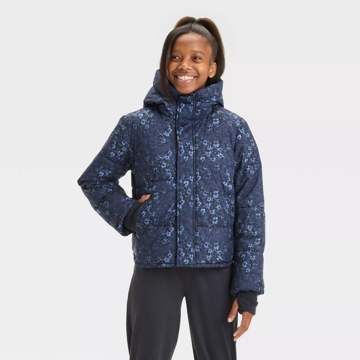 Girls' Floral Printed Puffer Jacket - All In Motion™ Black M | Target