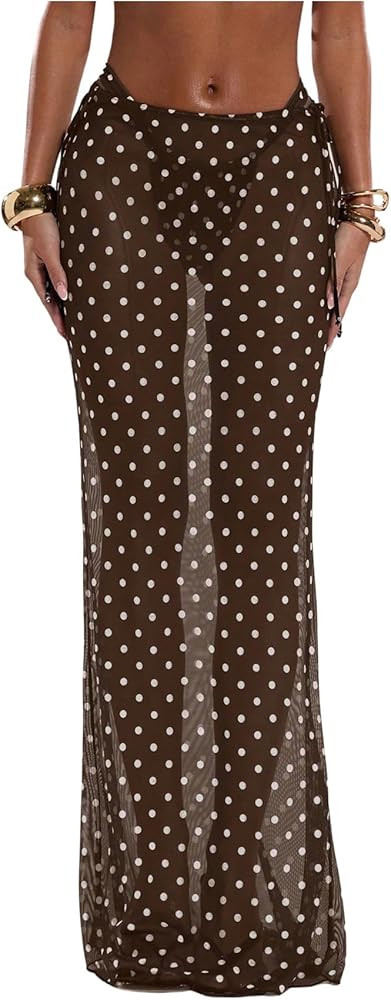 Milumia Women's Polka Dots Mesh Long Skirt Drawstring Side See Through Sheer Swimwear Cover Ups | Amazon (US)