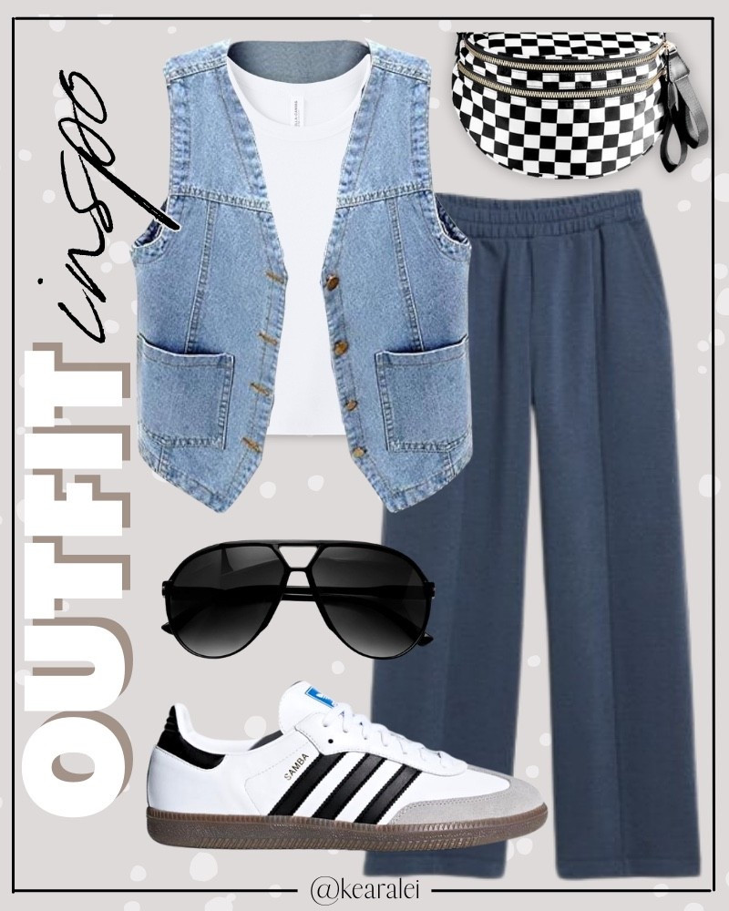 Spring outfits 2026 summer outfits Amazon comfy outfit street style cool mom outfits Amazon fashion women’s light wash denim vest sleeveless jean jacket layered over white ribbed crew neck tank top free people inspired look for less navy blue wide leg sweat pants sweats sweatpants Baggy Fleece Y2K Pants High Waisted Wide Leg Drawstring Jogger Sweatpants white tank top bodysuit white grey adidas sambas sneakers with black white checkered bum bag checked crossbody checker purse handbag black retro aviator sunglasses chunky gold jewelry || #amazon #outfit #spring #summer #comfy #freepeople #vest #affordable #oldnavy
.
.
.

Fitness Wear, Activewear, exercise outfit, workout leggings, sports bra, Lulu lemon, free people motion active athleisure Amazon fashion, teacher outfits, business casual, casual outfits, neutrals, street style, Midi skirt, Maxi Dress, Swimsuit, Bikini, Travel, skinny Jeans, Puffer Jackets, Concert Outfits, Cocktail Dresses, Sweater dress, Sweaters, cardigans Fleece Pullovers, hoodies, button-downs, Oversized Sweatshirts, Jeans, High Waisted Leggings, dresses, joggers, fall Fashion, winter fashion, leather jacket, Sherpa jackets, Deals, shacket, Plaid Shirt Jackets, apple watch bands, lounge set, Date Night Outfits, Vacation outfits, Mom jeans, shorts, sunglasses, Disney outfits, Romper, jumpsuit, Airport outfits, biker shorts, Weekender bag, plus size fashion, Stanley cup tumbler Target, Abercrombie and fitch, Amazon, Shein, Nordstrom, H&M, forever 21, forever21, Walmart, asos, Nordstrom rack, Nike, adidas, Vans, Quay, Tarte, Sephora, lululemon, free people, j crew jcrew factory, old navy


#LTKSeasonal #LTKootd #LTKSaleAlert