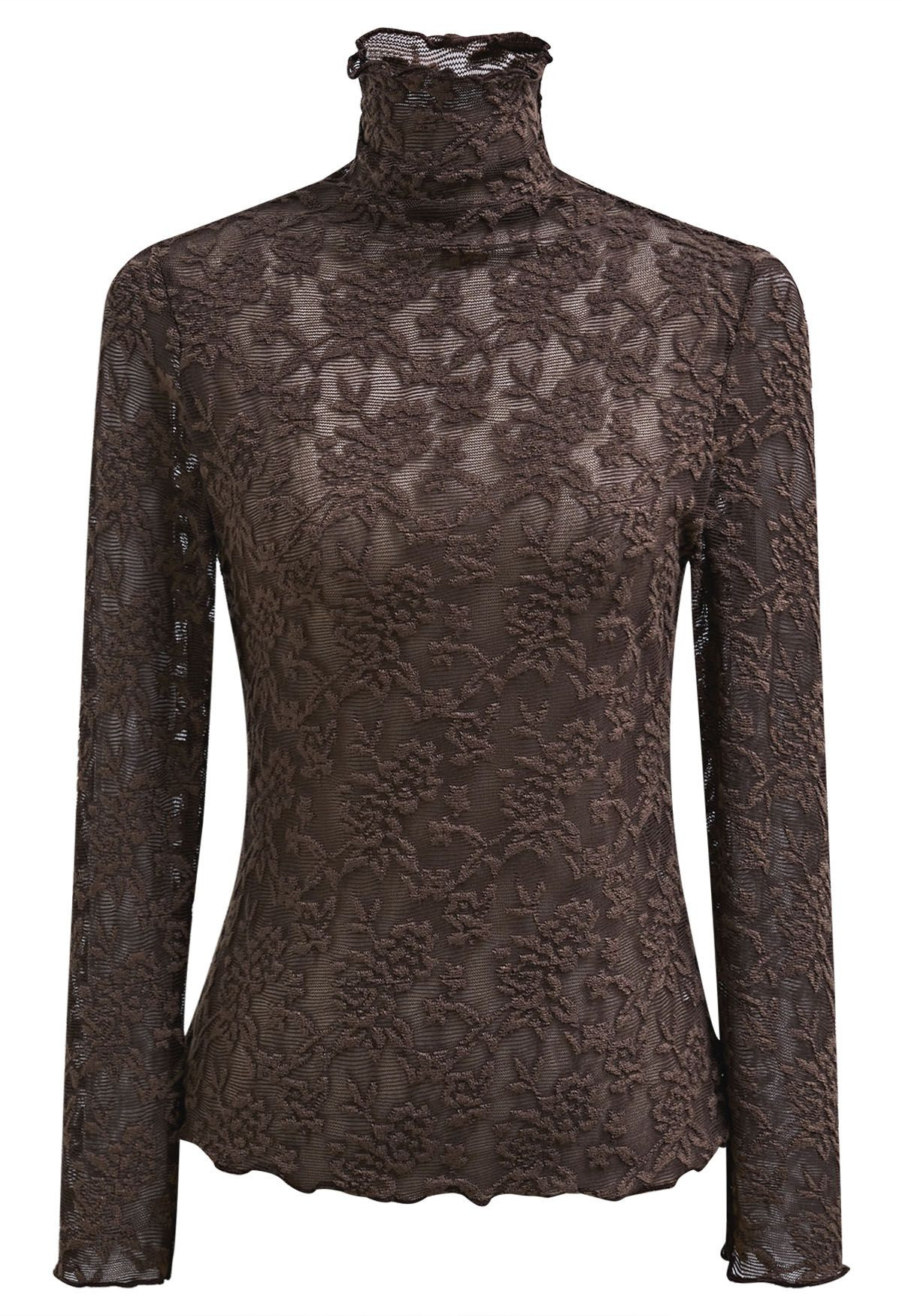 Floral Fantasy High Neck Mesh Long-Sleeve Top in Brown | Chicwish