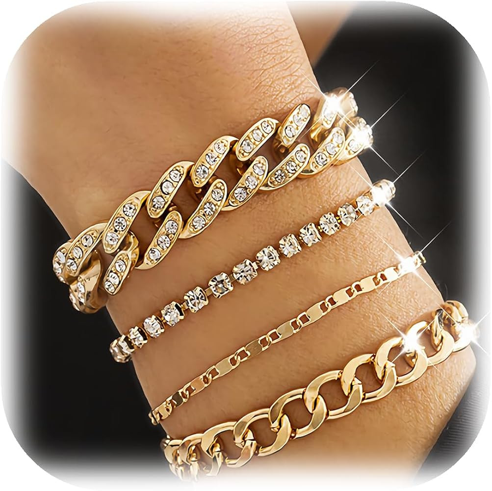 ALEXTINA Gold Chain Bracelet for Women Chunky Stackable Cuban Link Bracelet Set Adjustable Rhines... | Amazon (US)