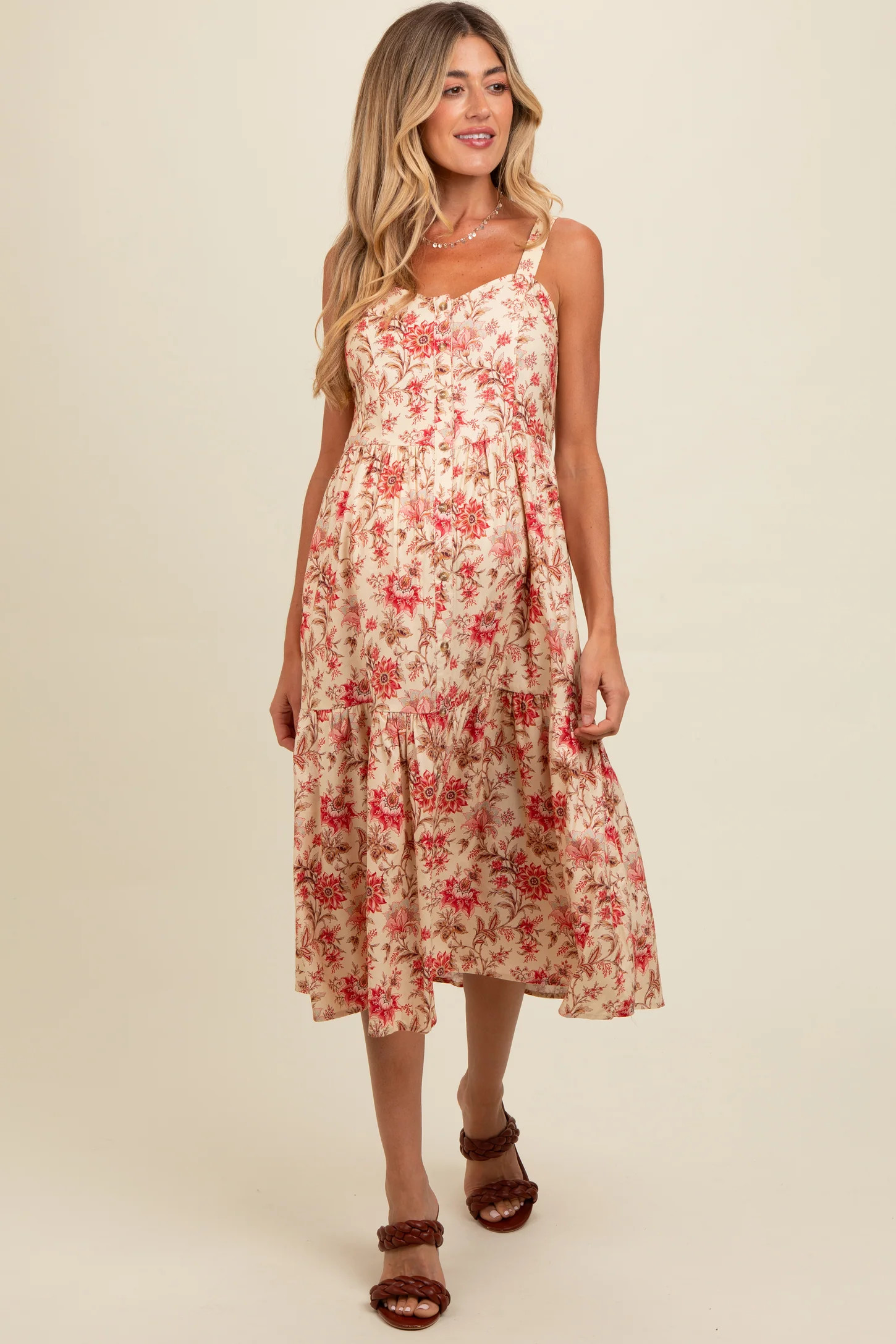 Cream Floral Sweetheart Neck Button Down Maternity Midi Dress | PinkBlush Maternity