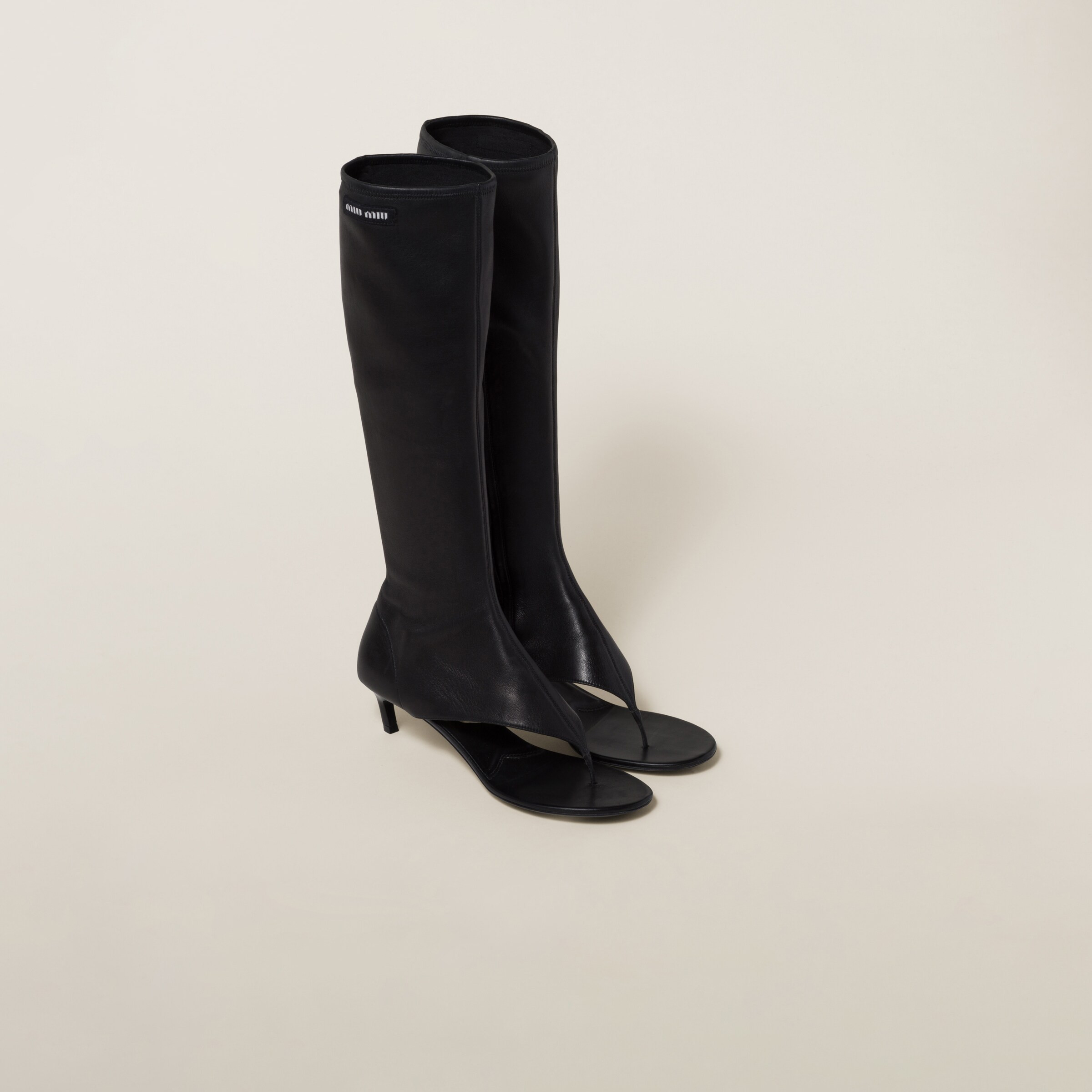 Black Stretch Nappa Leather Thong Boots | Miu Miu | Miu Miu US