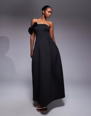 ASOS DESIGN bandeau maxi dress with flower detail in black in scuba-style fabric | ASOS | ASOS (Global)