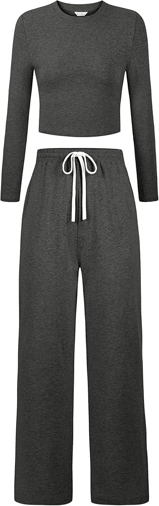 Women's 2 Piece Lounge Sets Cotton Long Sleeve Crop T Shirt Straight Leg Pants Set Casual Outfits... | Amazon (US)