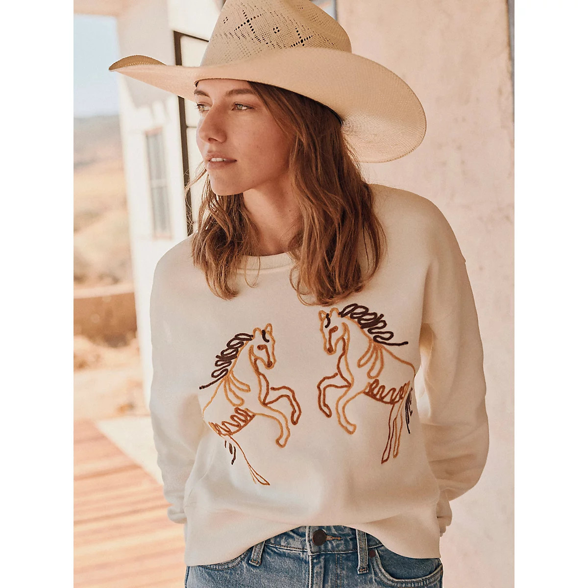 Women's Wrangler Soutache Horse Crew Sweatshirt in White | Wrangler