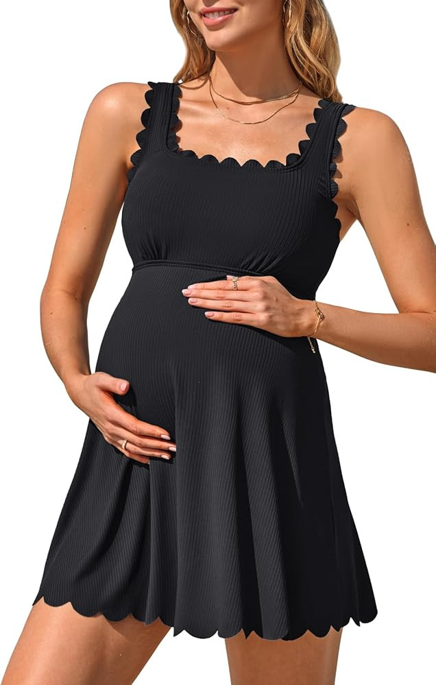 Charmo Ribbed Maternity Swimsuit One Piece Scalloped Pregnancy Bathing Suit Push Up Modest Swim D... | Amazon (US)