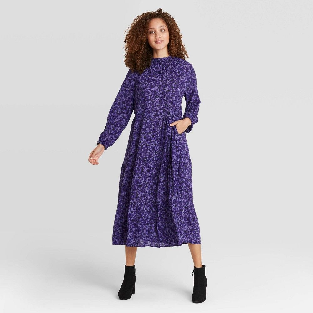Women's Floral Print Long Sleeve Midi Tiered Dress - A New Day Navy Blue XS | Target