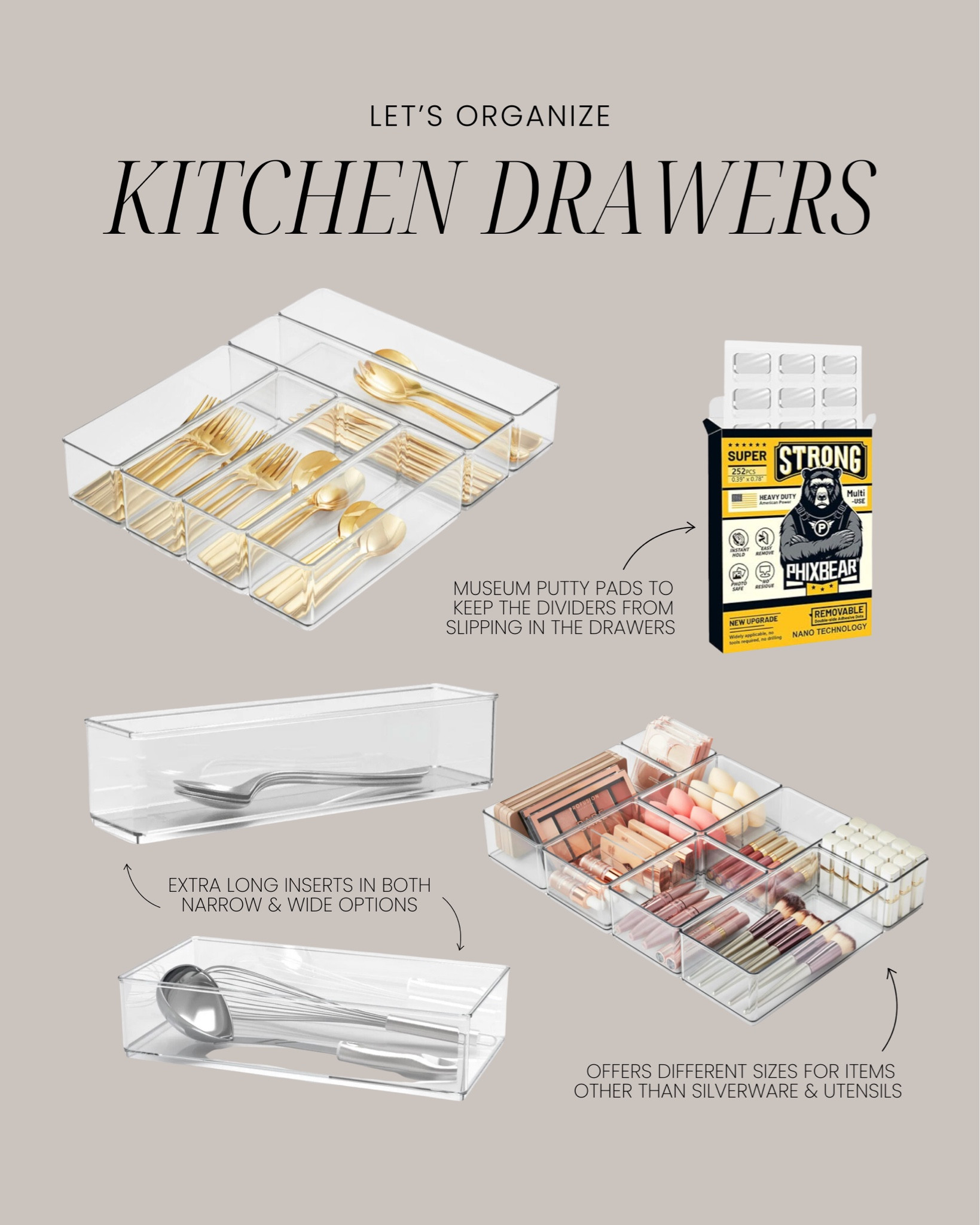 Let’s organize… the kitchen drawers 🍴

+ clear drawer dividers
+ museum putty to secure bins

#LTKHome