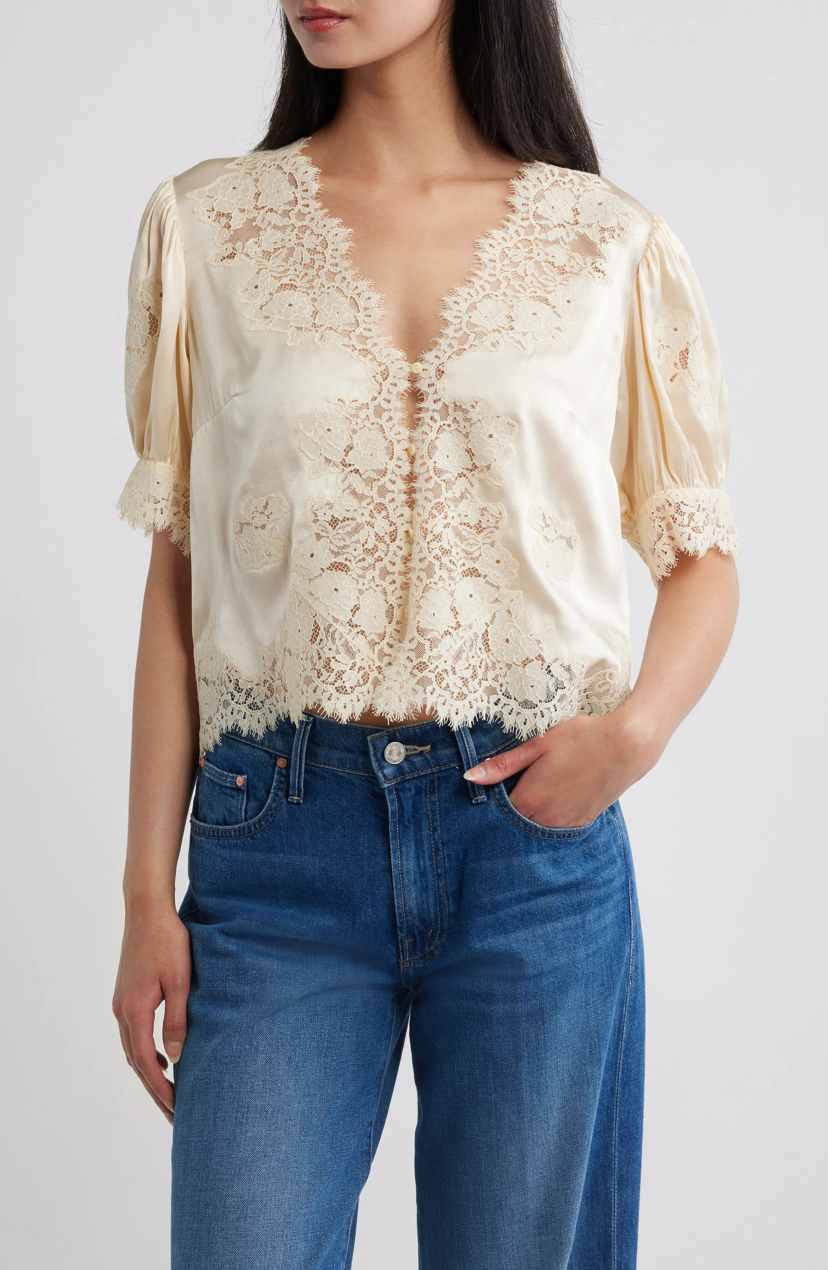 DÔEN Idella Lace Silk Top in Candlelight at Nordstrom, Size X-Large | Nordstrom