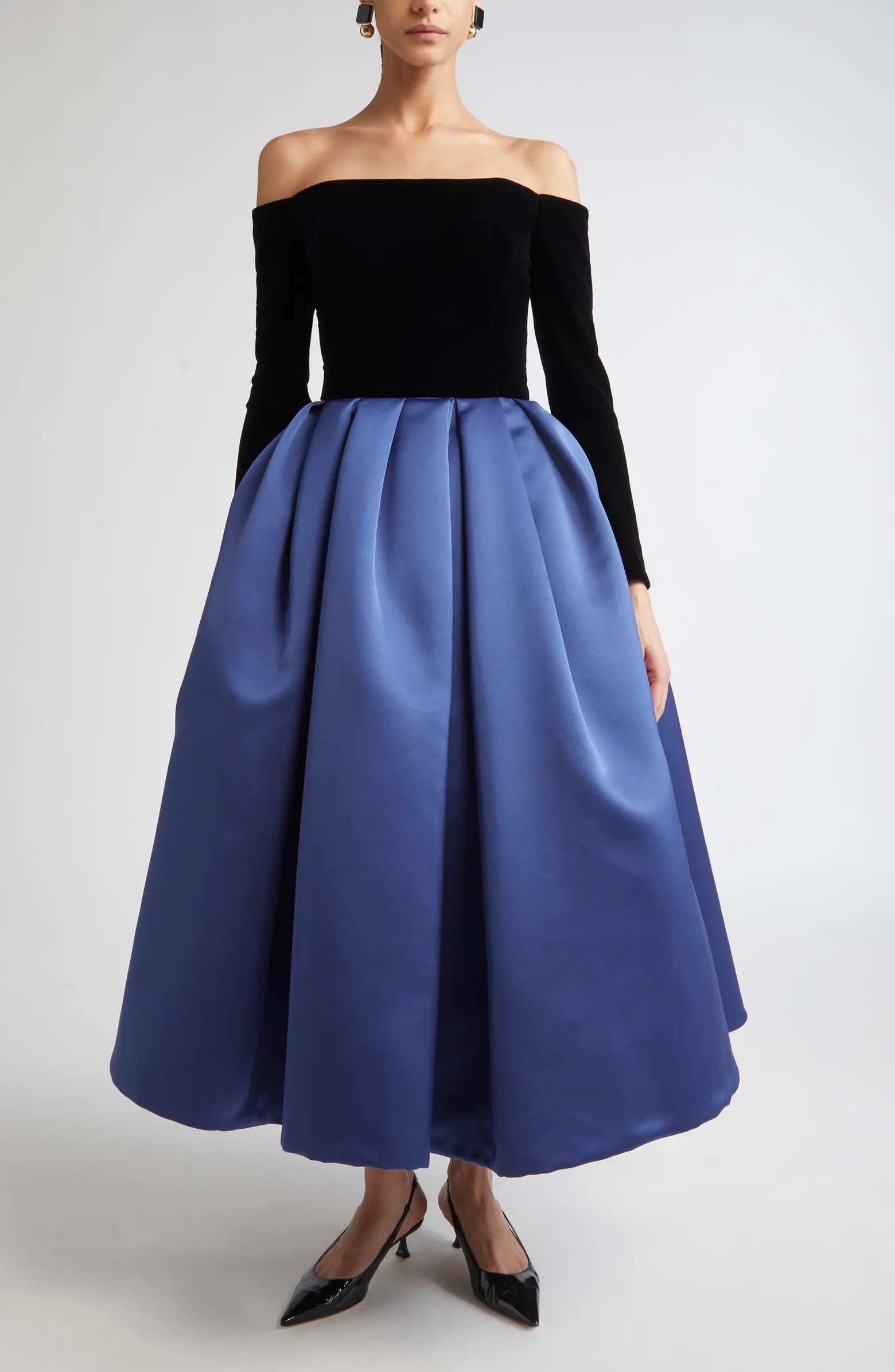 Carolina Herrera Off the Shoulder Long Sleeve Mixed Media Cocktail Dress | Nordstrom | Nordstrom