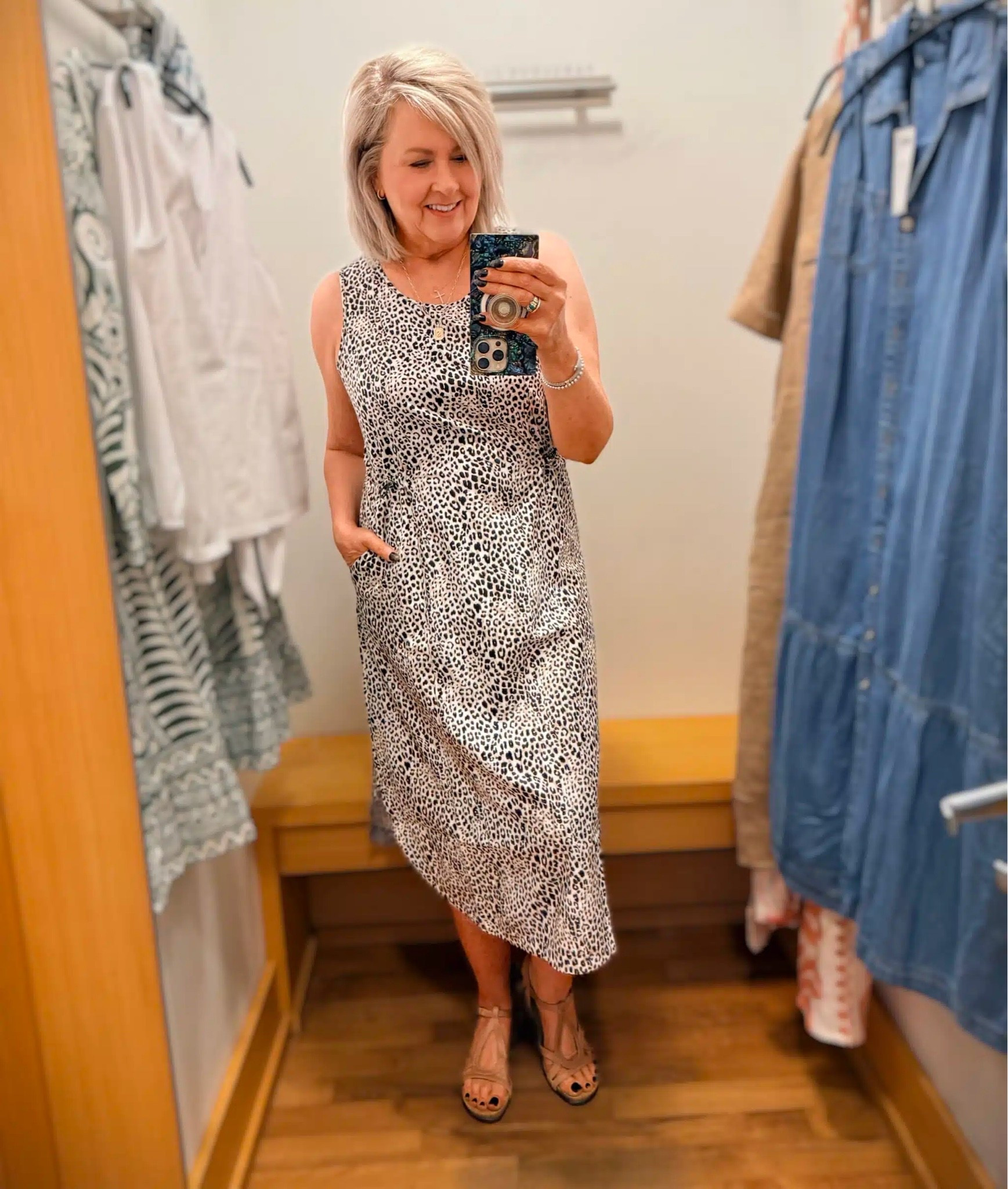 This animal print midi dress has a sportier feel to it than some of the others. I have paired it with some comfortable sandals, so it would be great for a lounge day, shopping or just a casual day. You could easily change out the shoes and accessories for a different look. I’m wearing a size 1.

#LTKOver40 #LTKootd #LTKTravel