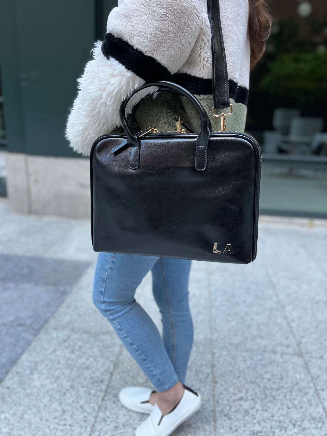 13-14 Inch Leather Laptop Bag Black Custom Initials Smooth Sustainable Elegant Luxury iPad Bag Br... | Etsy (US)