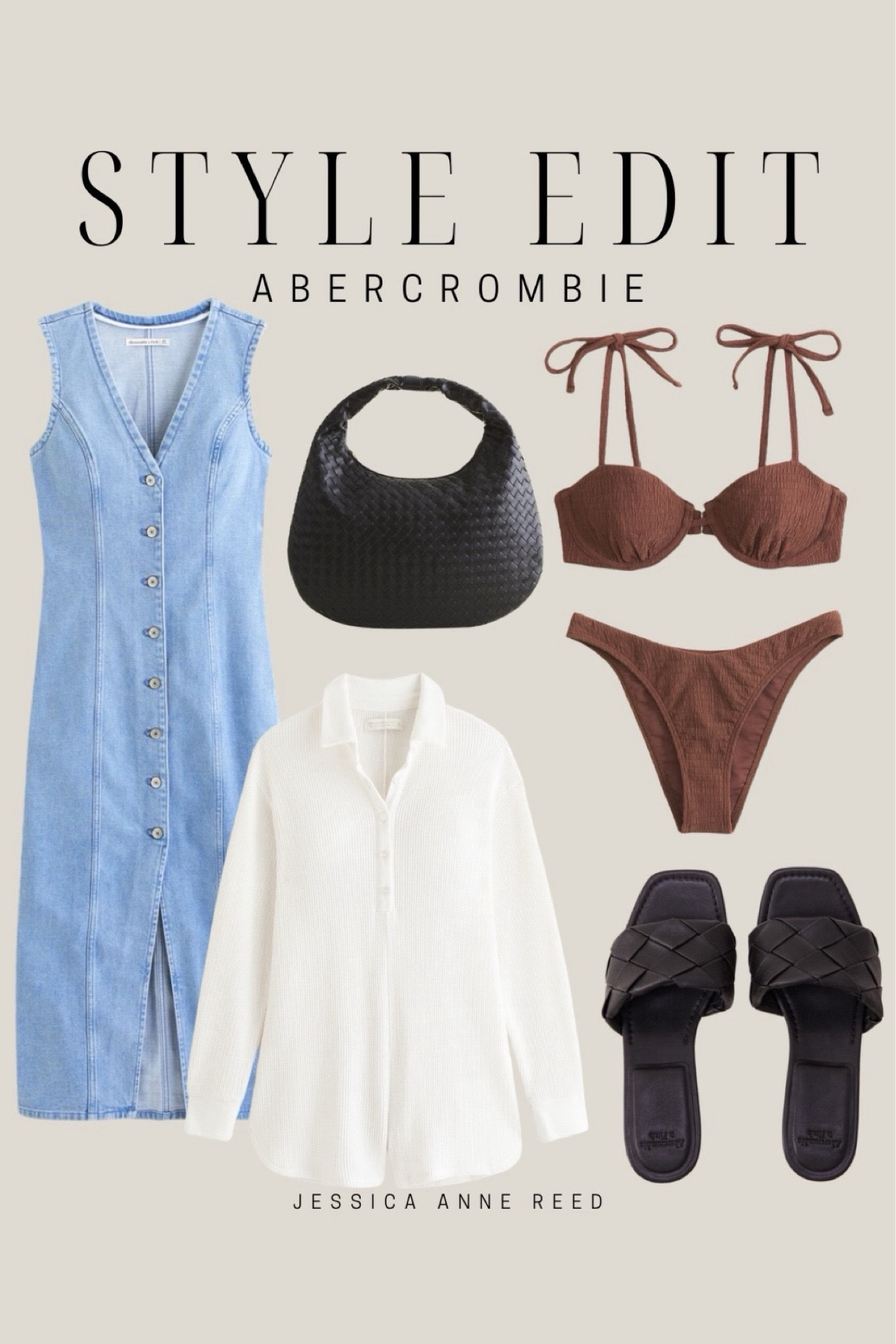 Outfit inspo, spring outfit, white romper, denim dress, brown bikini, black slides summer outfit, Abercrombie outfit

#LTKstyletip #LTKMostLoved #LTKsalealert
