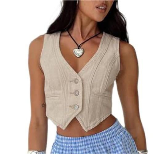 Women Sleeveless Button Down Denim Vest Deep V Neck Jean Tank Tops Sexy Going Out Solid Color Fitted Denim Crop Top (Khaki, S) | Amazon (US)