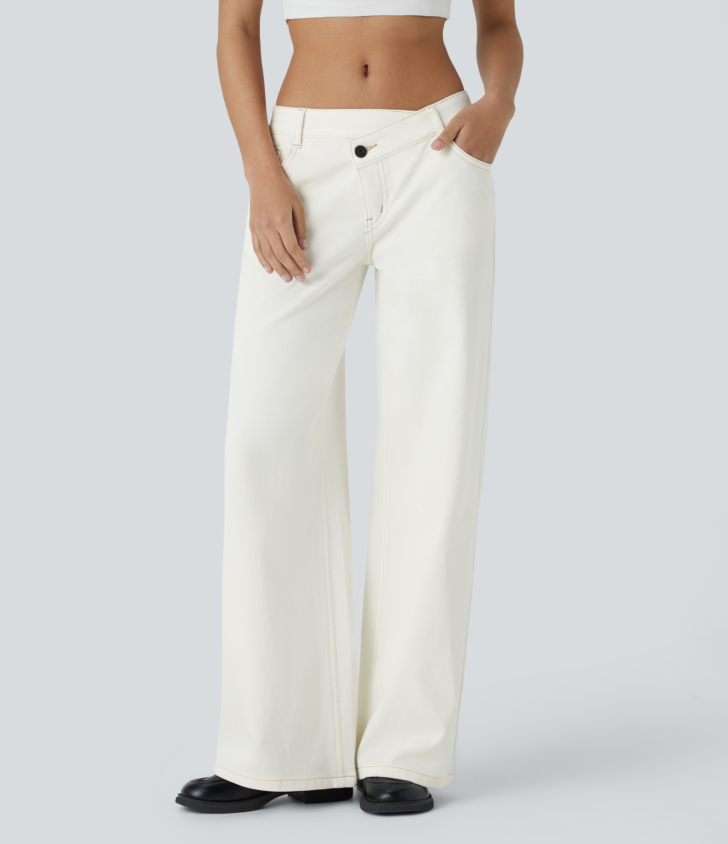 Halara Halara Flex™ Asymmetric Low Rise Zipper Pockets Baggy Wide Leg Washed Casual Jeans  - Estate Blue Denim - XS(tall) | HALARA