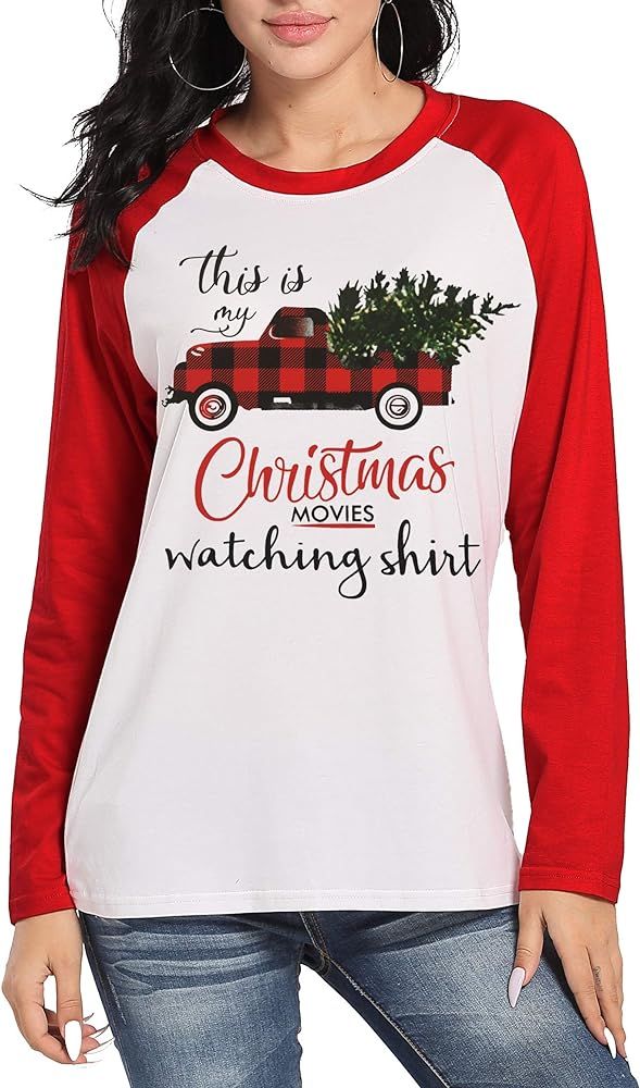 Merry Christmas Red Truck T Shirt Funny Star Christmas Tree Vintage Striped Splicing Long Sleeve ... | Amazon (US)