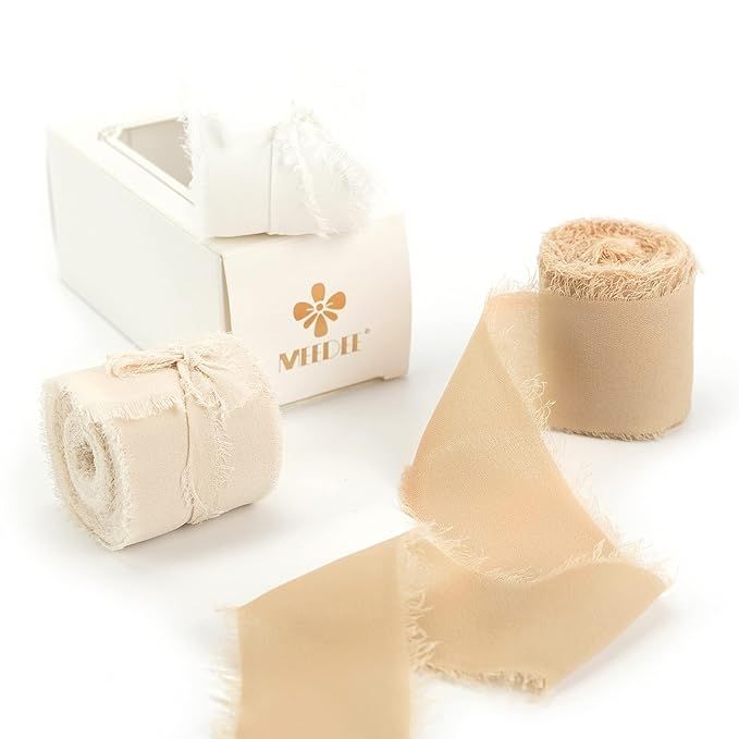 MEEDEE Chiffon Ribbon Handmade Fringe Silk Ribbon 1.5" x 6 Yards Ivory Nude White Chiffon Ribbon ... | Amazon (US)