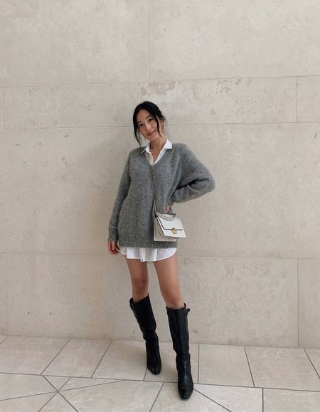 Preppy style layering white button down gray vneck sweater black knee boots polene bag fall fashion korean minimal style outfit

#LTKshoecrush #LTKstyletip #LTKfit