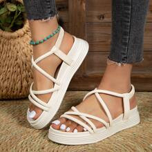 Women Criss Cross Sandals, Elegant Beige Slingback Flatform Sandals For Summer | SHEIN