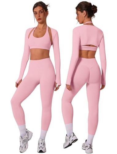 3 Piece Workout Sets for Women Seamless Halter Sports Bra Scrunch Butt Lifting High Waist Leggings Long Sleeve Bolero Shrug Gym Yoga Pilates Outfits Work Out Clothes 3pc Pink X-Small | Amazon (US)