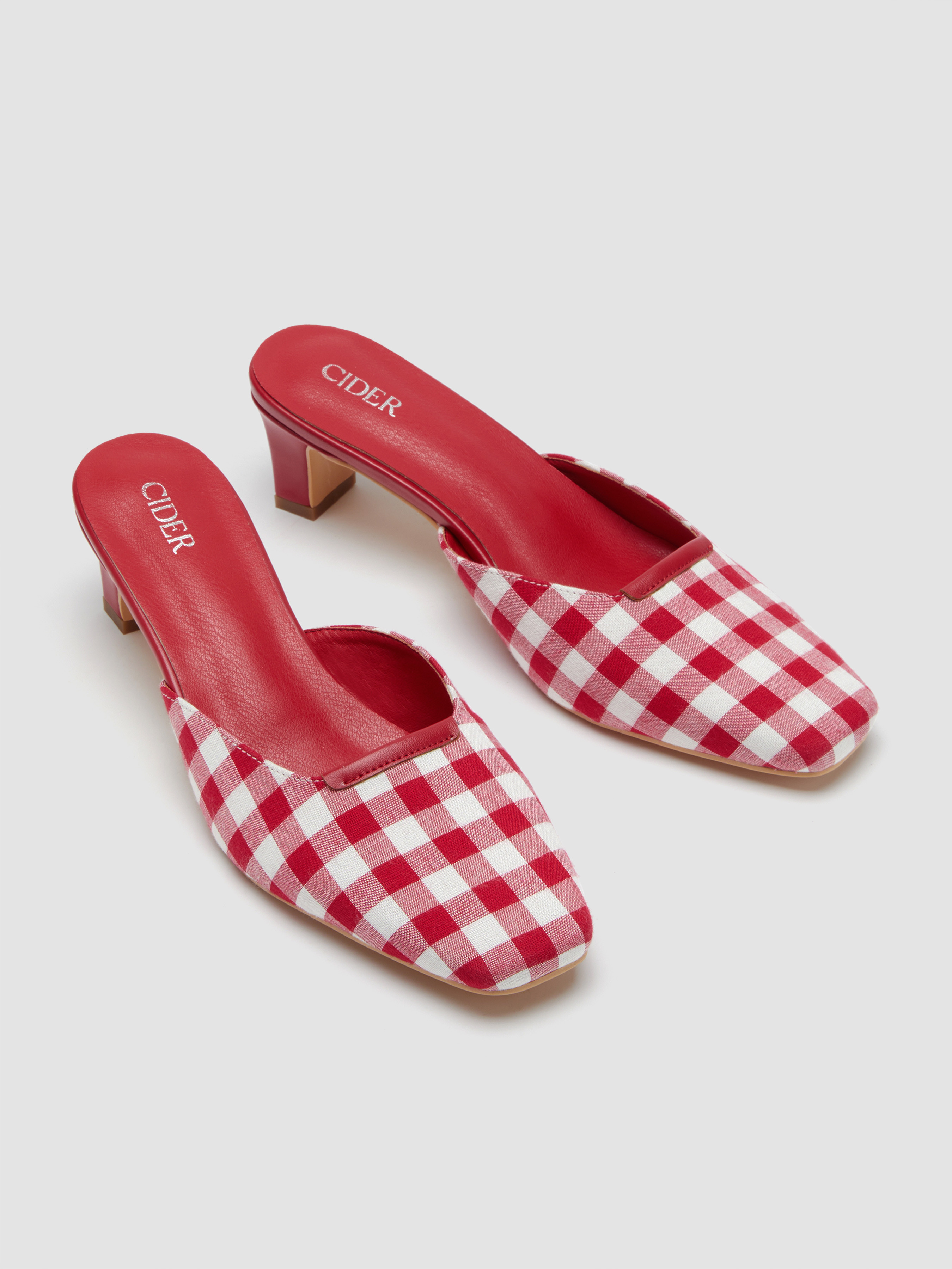 GINGHAM SQUARE TOE FABRIC HEELS For Daily Casual Picnic Vacation | Cider