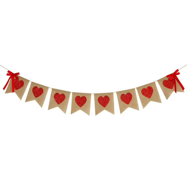 Heart Garland Valentines Day Banner Decorations Burlap Red Glitter Heart Valentine's Day Decorati... | Walmart (US)