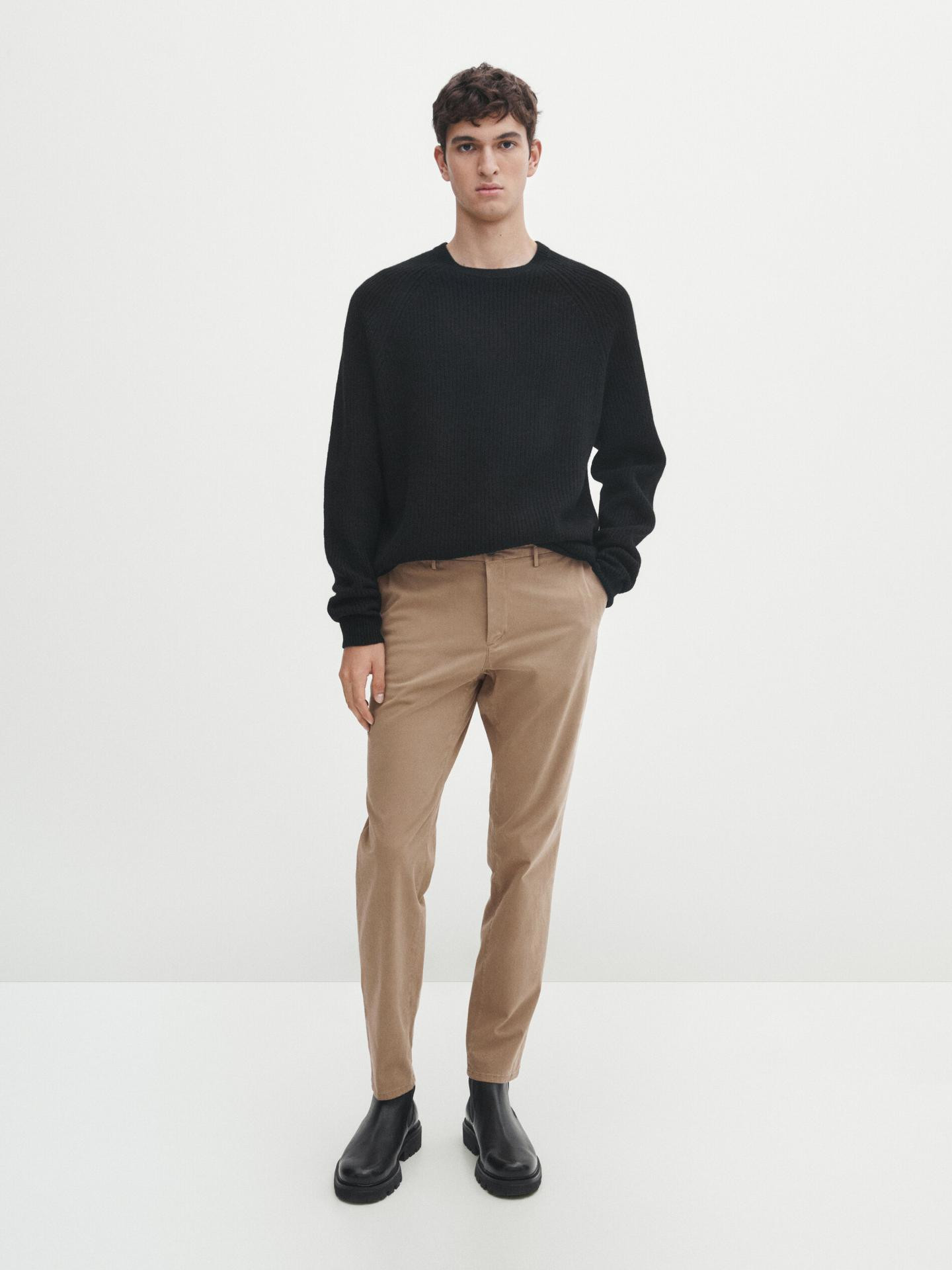 Slim-fit brushed cotton chinos | Massimo Dutti UK