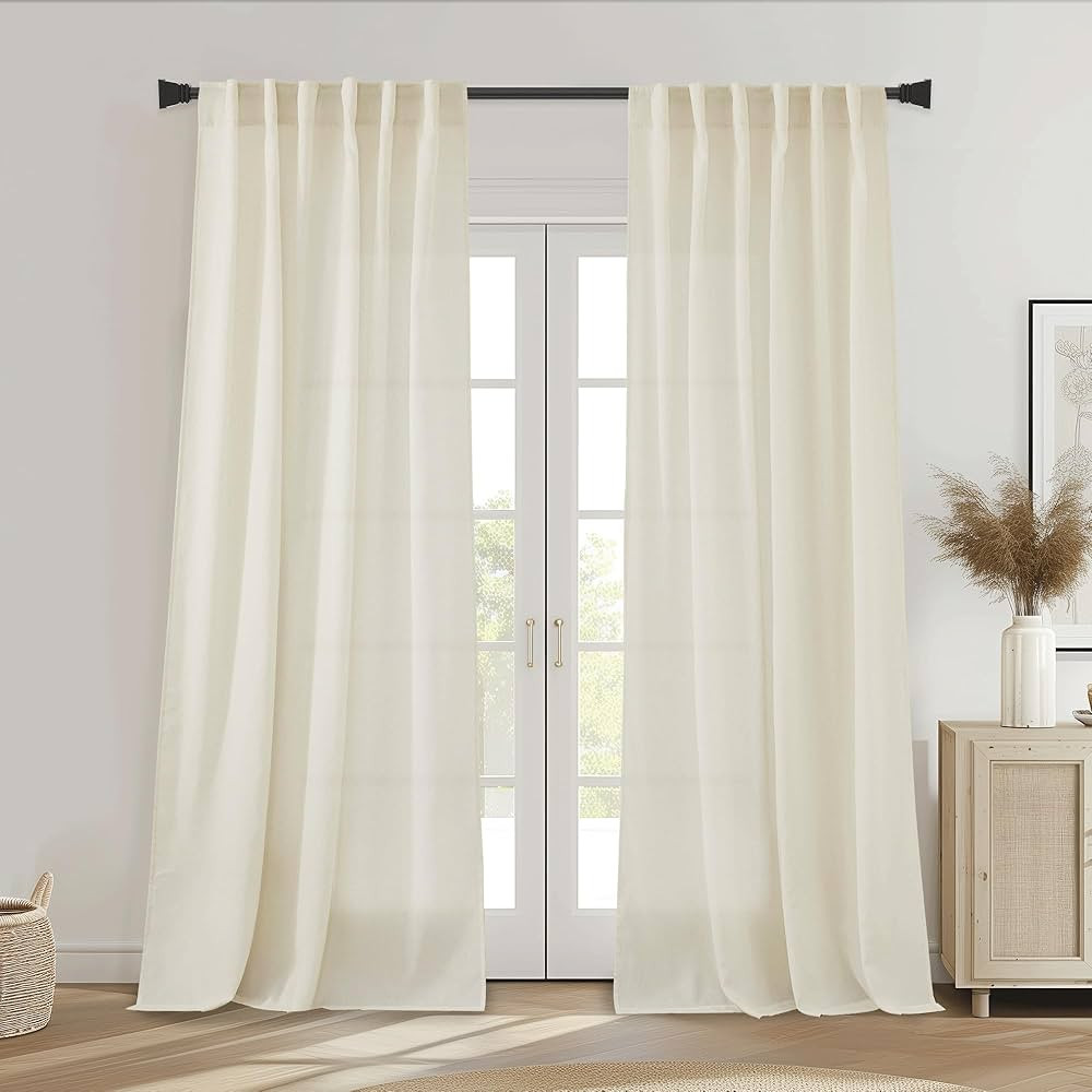 PONY DANCE Cream Beige Sheer Curtains 96 Inches Long for Bedroom 2 Panels Back Tab Natural Vintag... | Amazon (US)