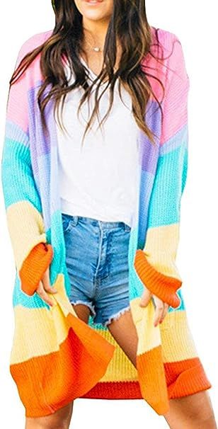ZESICA Women's Long Sleeve Rainbow Color Block Open Front Drape Oversized Knitted Sweater Cardiga... | Amazon (US)