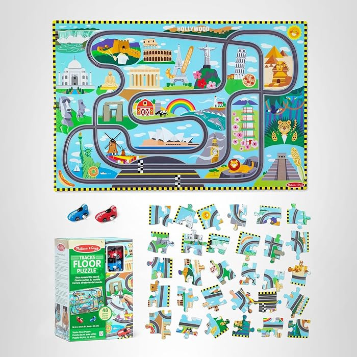 Melissa & Doug Race Around The World Tracks Cardboard Jigsaw Floor Puzzle and Wind-Up Vehicles (4... | Amazon (US)