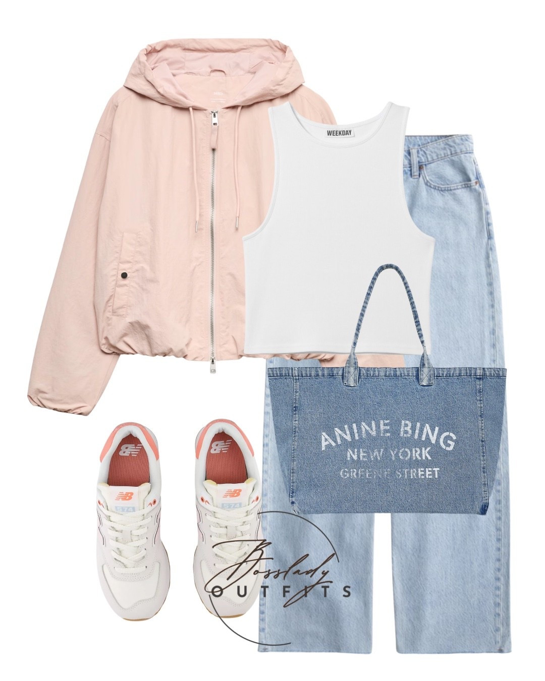 Spring weekend uniform activated! 🌸 You can never go wrong with a classic white ribbed tank and light-wash wide-leg jeans. I layered it with this perfect soft pink zip-up windbreaker for those breezy days. Finished the look with my go-to New Balance 574 sneakers for ultimate comfort and this oversized Anine Bing denim tote to carry all the essentials. The ultimate casual athleisure look for running errands or weekend brunch! ✨

#LTKbag #LTKshoes #LTKjeans