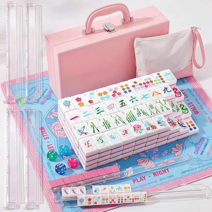 Pink 1.2 Inch American Mahjong Set 168 Bloom Floral Double Layer Acrylic Tiles with Mat Racks Pus... | Amazon (US)