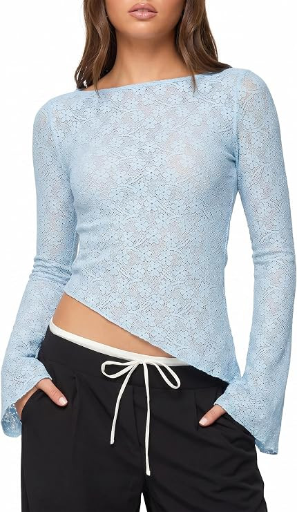 Womens Lace Long Bell Sleeve Top Sheer Boat Neck Asymmetrical Hem Blouse Y2K Going Out Shirt with... | Amazon (US)