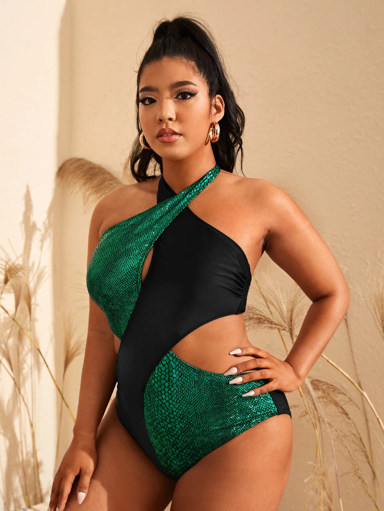 Plus Snakeskin Cross Halter One Piece Swimsuit | SHEIN