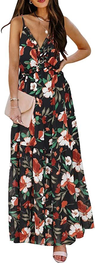 BLENCOT Womens Casual Boho Floral V Neck Loose Short Sleeve Long Dress Ruched Maxi Dress | Amazon (US)