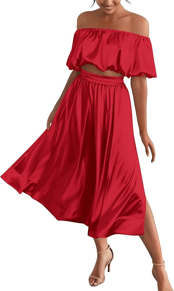 MASCOMODA 2 Piece Outfits For Women Sexy 2023 Summer Satin Puff Sleeve Crop Top And Side Split Ma... | Amazon (US)
