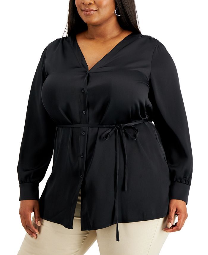 Alfani Plus Size Button-Front Tie-Waist Top, Created for Macy's & Reviews - Tops - Plus Sizes - M... | Macys (US)