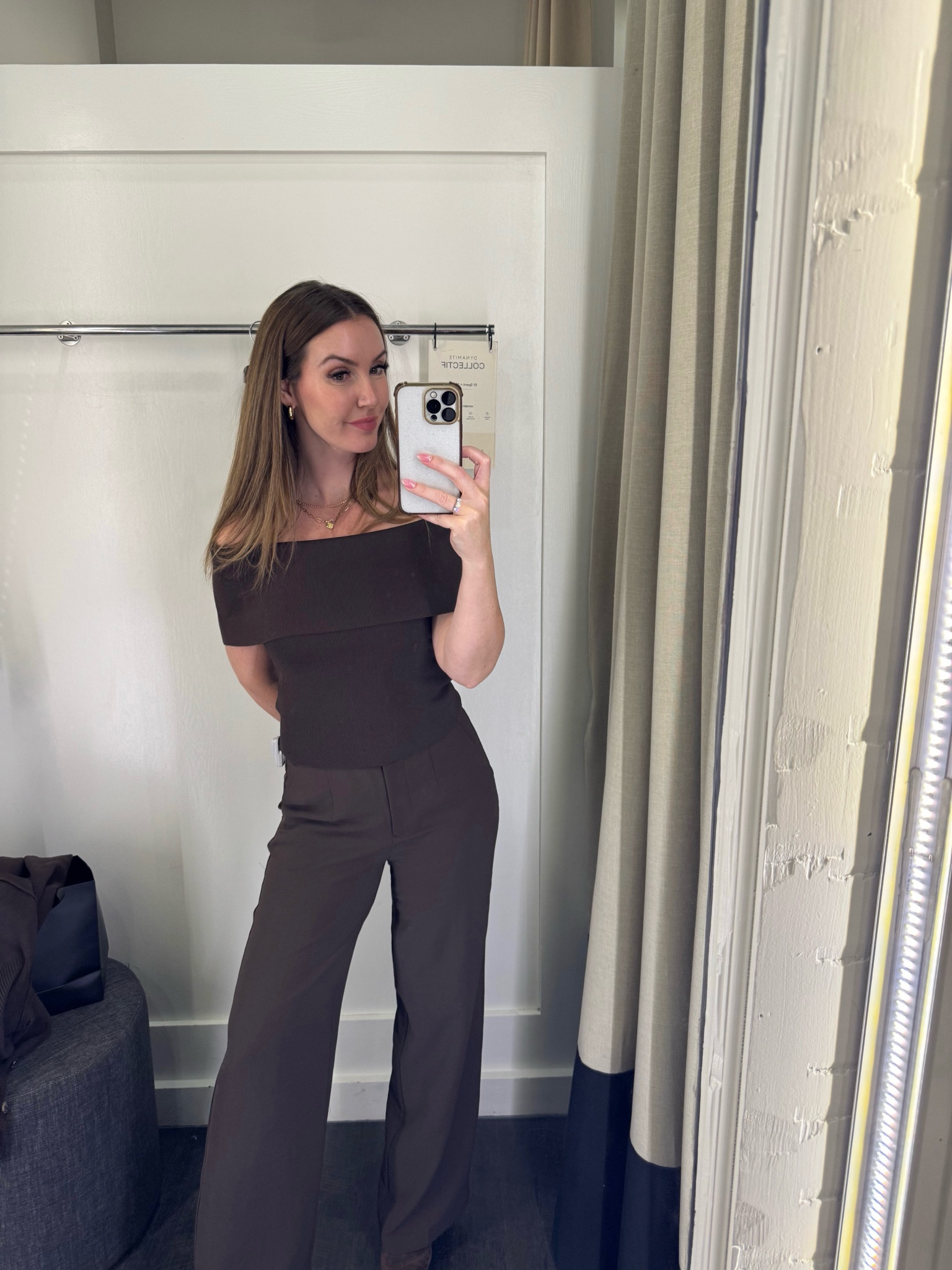 Loving all the chocolate brown details 👌 
Bought these Yasmin air flow pants and love this off the shoulder top for a lunch or date look 
#brownpants #browntop #dynamite #chocolatebrown

#LTKdayinmylife #LTKSeasonal #LTKootd