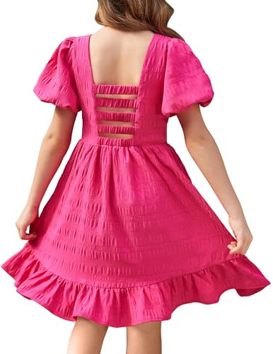 Arshiner Girls Dress Birthday Formal Special Occasion Puff Sleeve Open Back Square Neck Swing Dresses Rose Red 7-8Y | Amazon (US)