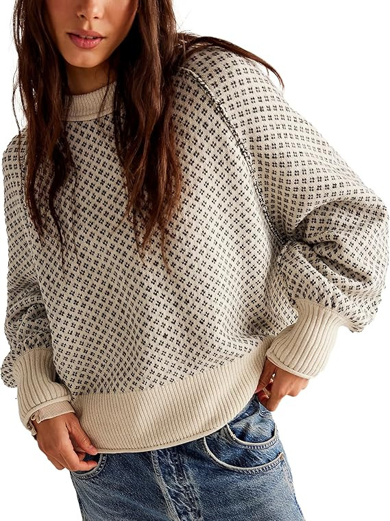 Women's Pullover Sweaters Casual Long Sleeve Crew Neck Oversized Knitwear Chunky Knit Jumper Tops | Amazon (US)