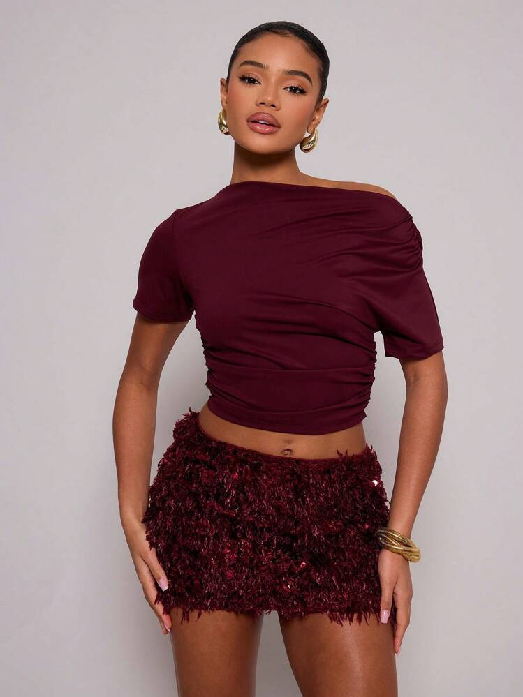 MUSERA Short Sleeve Ruched Top Vacation Asymmetrical Shoulder Tops Holiday Festival Going Out Tops Winter Elegant Spring Summer | SHEIN