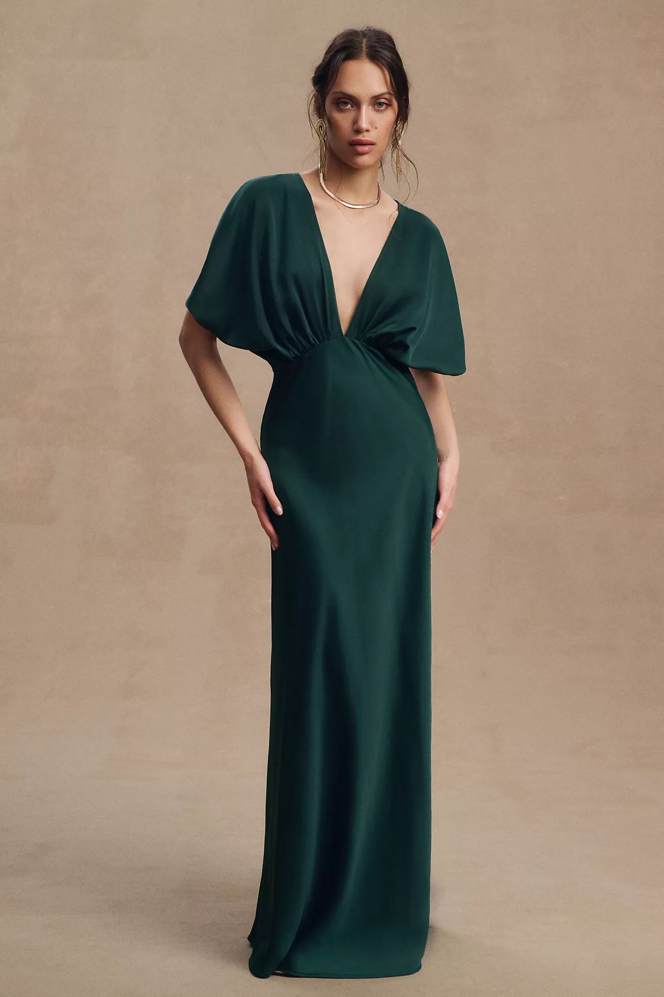 BHLDN Leila Deep-V Flutter-Sleeve Satin A-Line Gown | Anthropologie (US)